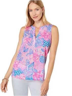Lilly Pulitzer Essie Top Shirt  x Small XXS Pink Snapping Turtle Tank Blue